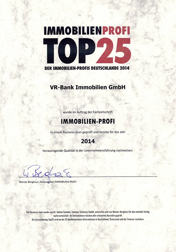 Urkunde: Immobilienprofi TOP 25 der Immobilien-Profis Deutschlands 2014, VR-Bank Immobilien GmbH
